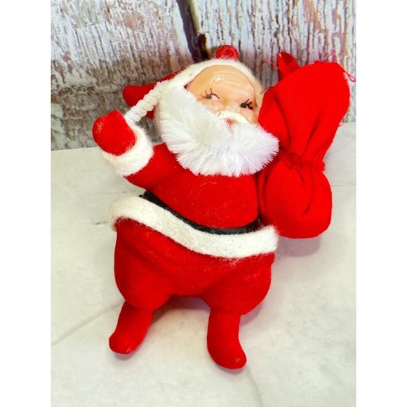 Japan Other - Vintage Plastic Face Small Styro Red Felt Santa Claus with Sack Christmas Orname